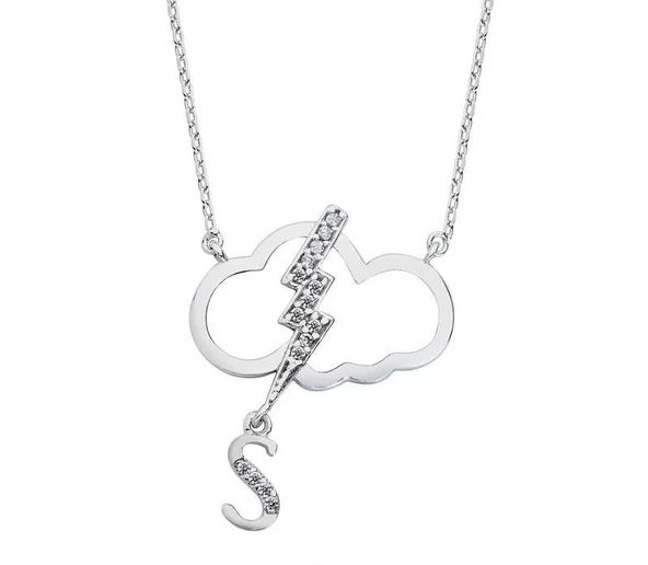 Harfli Bulut Şimşek Gümüş Beyaz Kolye  GMS1775 ürün görseli