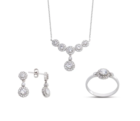 Sallantılı Anturaj Çiçek Beyaz Gümüş Set  GMS156 ürün görseli