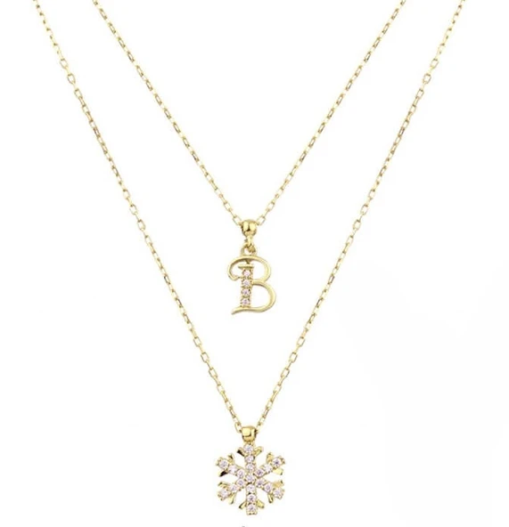 Harfli Kar Tanesi Çift Zincirli Gümüş Sarı Kolye GMS1871 ürün görseli