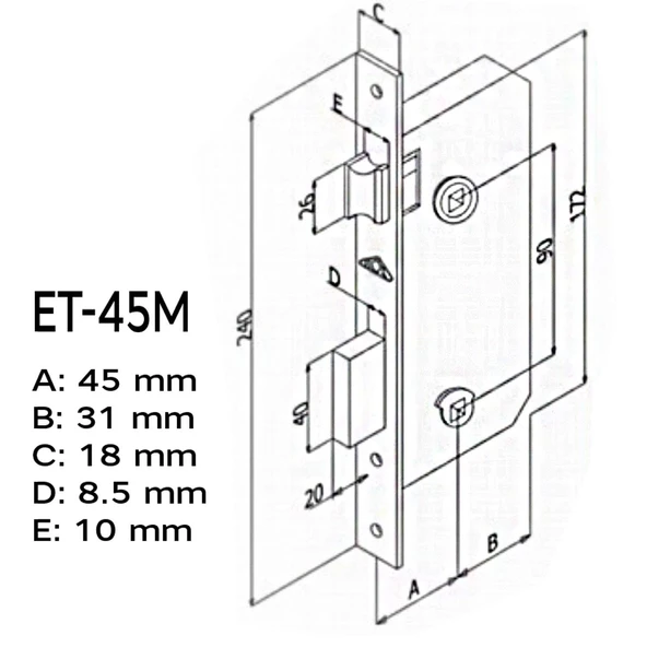 Hok ET-45M Ekstra Gömme Kilit Wc Banyo Kilidi Oval Köşeli  45 mm - 2