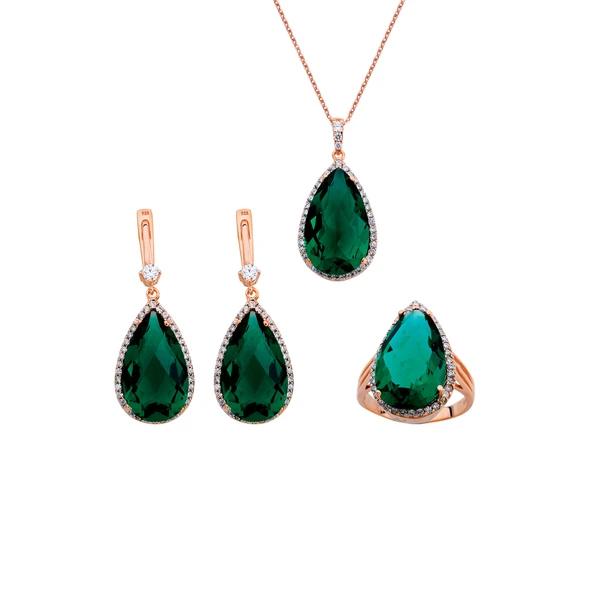 Anturaj Damla Zümrüt Rengi Taşlı Gümüş Set GMS132 ürün görseli