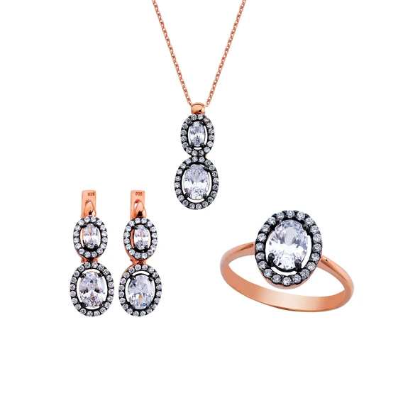 Harem Altın Rose Oval Taşlı Anturaj Gümüş Set  GMS141