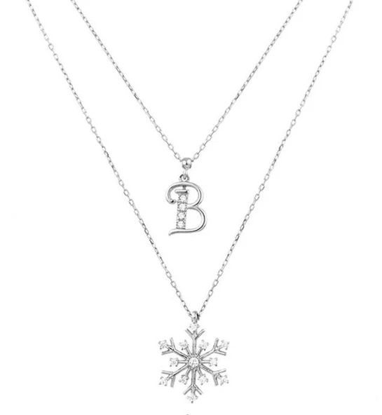 Kar Tanesi Harfli Çift Zincirli Gümüş Beyaz Kolye GMS1872 ürün görseli
