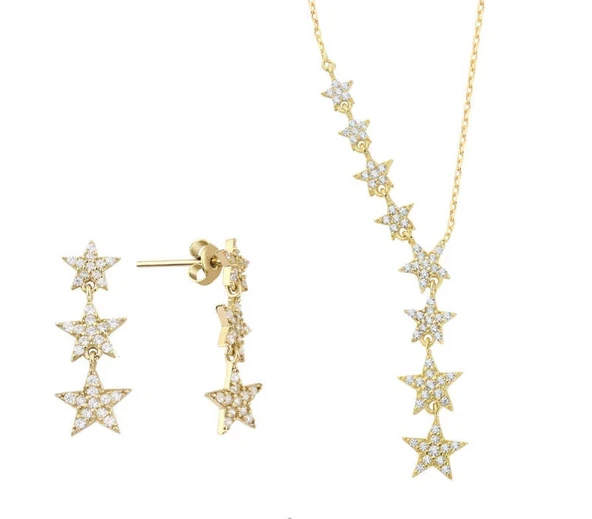 Takım Yıldızı İkili Sarı Renk Gümüş Set Üçlü Küpe GMS2093 ürün görseli