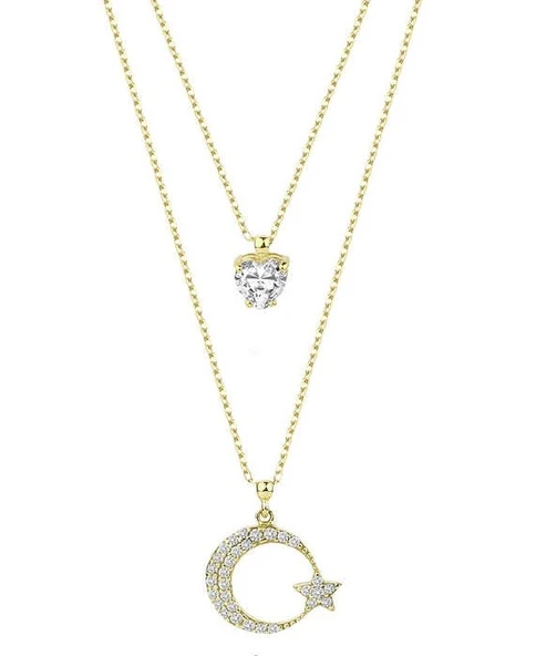 Çift Zincirli Tek Taşlı Ay Yıldız Gümüş Sarı Kolye GMS1916 ürün görseli