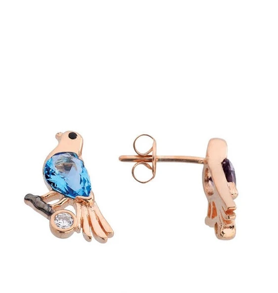 Renkli Kuşlar Rose Renk Gümüş Küpe GMS2098 ürün görseli