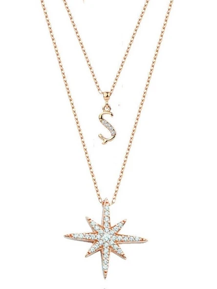 Harfli Kutup Yıldızı Rose Renk Gümüş Kolye GMS2034 ürün görseli