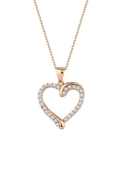 Sıra Taşlı Rose Renk Kalp Gümüş Kolye GMS1956 ürün görseli