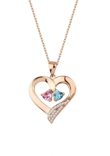 Çift Kalp Taşlı Rose Renk Gümüş Kolye GMS1949 ürün görseli