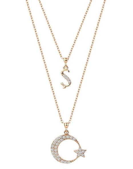 Çift Zincirli Harfli Ay Yıldız Gümüş Rose Kolye GMS1912 ürün görseli