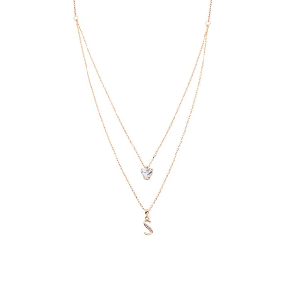 Kalpli Taşlı Çift Zincir Harfli Gümüş Kolye  GMS998 ürün görseli