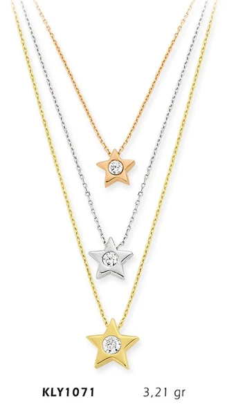 14 Ayar Altın Üçlü Yıldız Tektaş Kolye KLY1071 ürün görseli