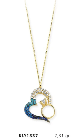 14 Ayar Altın Mavi Kalpli Tektaş Yüzük Kolye KLY1337