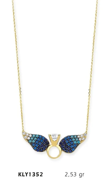 14 Ayar Altın Mavi Melek Kanadı Tektaş Yüzük Kolye KLY1352