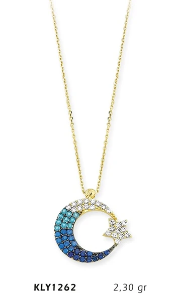 14 Ayar Altın Mavi Ayyıldız Kolye KLY1262 ürün görseli