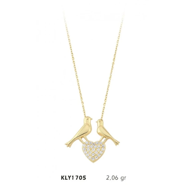 14 Ayar Kuş Motifli Kalpli Kolye KLY1705 ürün görseli