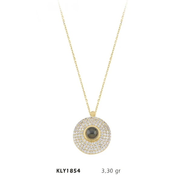 Harem Altın 14 Ayar Altın 100 Dilde Seni Seviyorum Taşlı Oval Kolye KLY1854