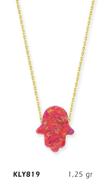 14 Ayar Altın Pembe Opal Taşlı Fatma Eli Kolye KLY819 ürün görseli