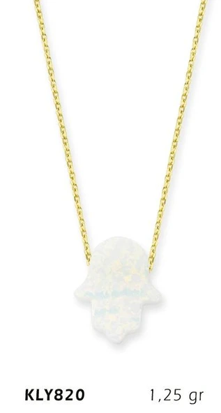 14 Ayar Altın Beyaz Opal Taşlı Fatma Eli Kolye KLY820 ürün görseli