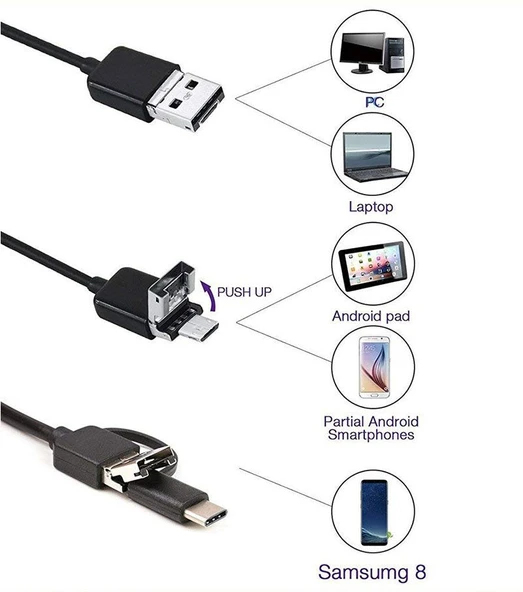 Endoskop 3 in 1 Yılan Kamera USB Micro Usb Type-C 2M Sert Kablo - 2