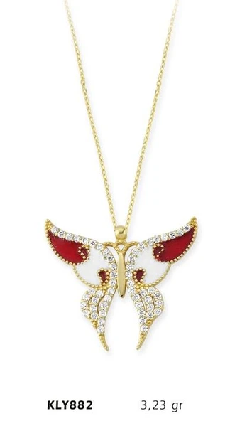14 Ayar Altın Kırmızı Kelebek Kolye KLY882 ürün görseli