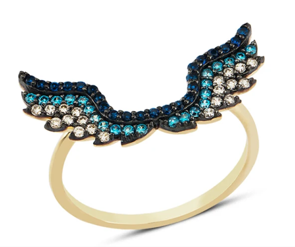 14 Ayar Altın Mavi Taşlı Melek Kanadı Yüzük YZK068B ürün görseli