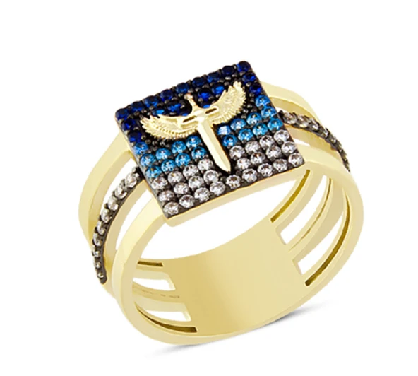 14 Ayar Altın Mavi Taşlı Mikail Kılıcı Yüzük YZK075A ürün görseli