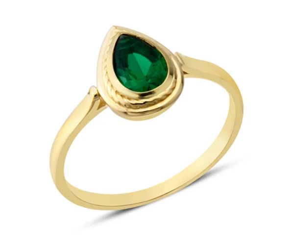 14 Ayar Altın Sıvamalı Yeşil Damla Taşlı Yüzük YZK378C ürün görseli