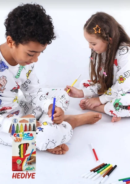 Uzun Kollu Yıkanabilir Boyanabilir Çocuk Pijama Takımı - Boyama Kalemi Hediyeli