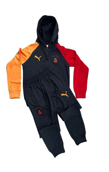 Kısmet Sepeti Siyah Kapüşonlu Rüzgar Geçirmez Kumaş İçi İnce Pamuk Kaplı Sarı Kırmızı Nakış İşlemeli Çocuk Eşofman Takımı ürün görseli 1