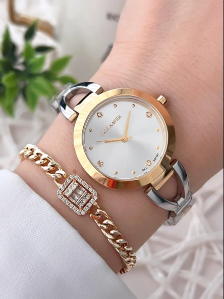 Dice Kayek Çelik Kordon Çelik Kasa Kararma Renk Atma Yapmaz Kadın Kol Saati+Bileklik AG1287.03 ürün görseli