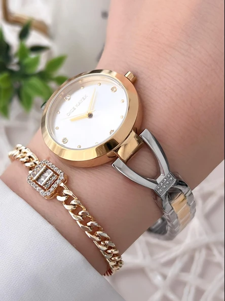 Dice Kayek Çelik Kordon Çelik Kasa Kararma Renk Atma Yapmaz Kadın Kol Saati+Bileklik AG1287.03 - Resim 3