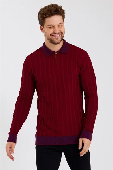 Tarz Cool Erkek Bordo Polo Yaka Desenli Çizgili Triko