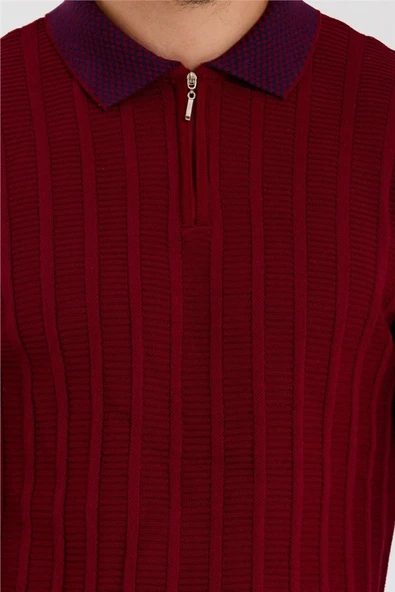 Tarz Cool Erkek Bordo Polo Yaka Desenli Çizgili Triko - 4