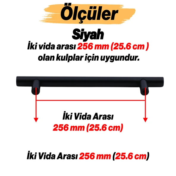 Çubuk Siyah Metal Kulp 256 mm 25.6 Cm Mobilya Mutfak Çekmece Dolap Dolabı Kulpu Kulbu Kulpları - 3