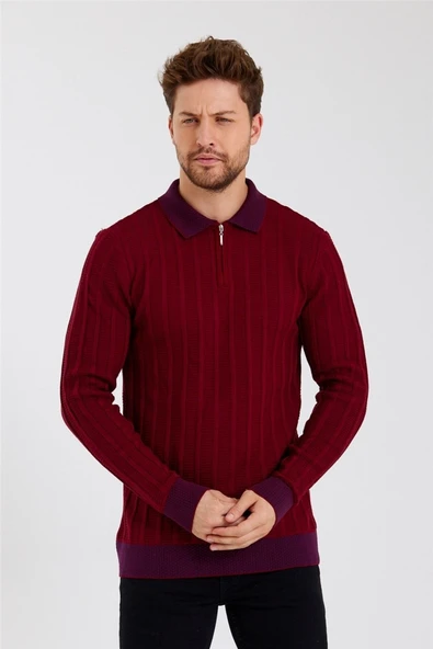 Tarz Cool Erkek Bordo Polo Yaka Desenli Çizgili Triko - 2