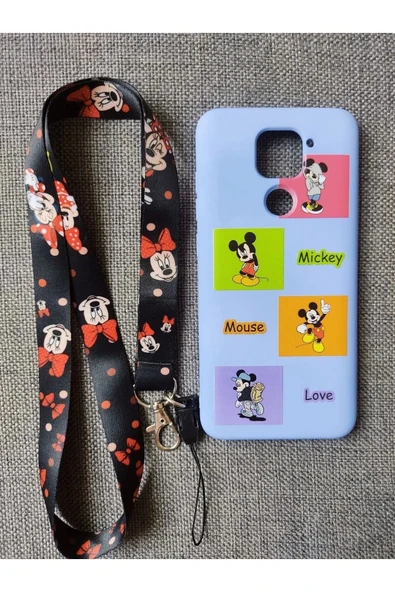 Xiaomi Redmi Note 9 Uyumlu Mickey Mouse Tasarım Telefon Boyun Askılı Set Kılıf - 1