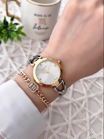 Dice Kayek Çelik Kordon Çelik Kasa Kararma Renk Atma Yapmaz Kadın Kol Saati+Bileklik AG1287.03 - Resim 2