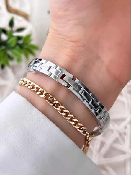 Dice Kayek Çelik Kordon Çelik Kasa Kararma Renk Atma Yapmaz Kadın Kol Saati+Bileklik AG1285.05 - Resim 4