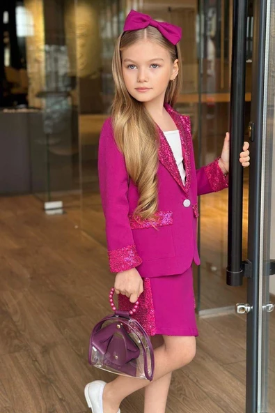 Kız Çocuk Bilekleri ve Yakası Pulpayet Detay Blazer Ceket Asimetrik Kesim Pullu Mor Etekli Takım ürün görseli