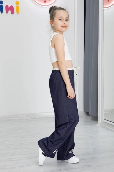 Lacivert Paçası Nakış Detaylı Kız Çocuk Geniş Paça Pantolon 20489 - 6