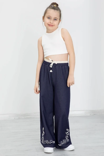 Lacivert Paçası Nakış Detaylı Kız Çocuk Geniş Paça Pantolon 20489 - 2