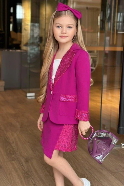 Kız Çocuk Bilekleri ve Yakası Pulpayet Detay Blazer Ceket Asimetrik Kesim Pullu Mor Etekli Takım - Resim 3