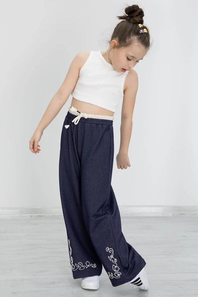 Lacivert Paçası Nakış Detaylı Kız Çocuk Geniş Paça Pantolon 20489 - 5