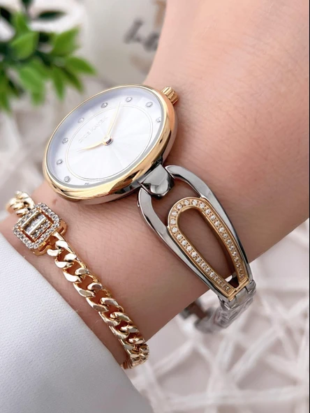 Dice Kayek Çelik Kordon Çelik Kasa Kararma Renk Atma Yapmaz Kadın Kol Saati+Bileklik AG1285.05 - Resim 2