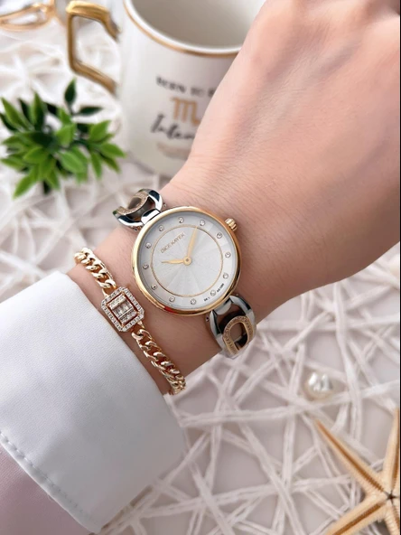 Dice Kayek Çelik Kordon Çelik Kasa Kararma Renk Atma Yapmaz Kadın Kol Saati+Bileklik AG1285.05 - Resim 3