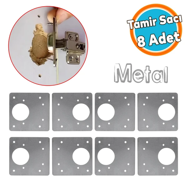 Mobilya Dolap Kapak Taş Menteşe Tamir Sacı Pratik Onarım Kiti Yuva Saçı Tablası 8x8.5 cm 8 Adet