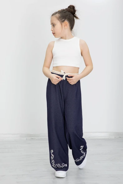 Lacivert Paçası Nakış Detaylı Kız Çocuk Geniş Paça Pantolon 20489 - 3