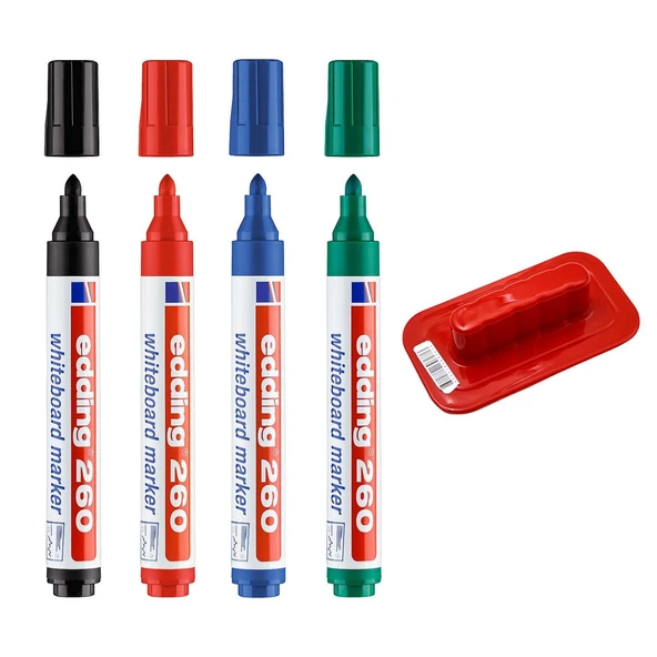 Edding 260 Beyaz Yazı Tahtası Kalemi 4 Renk+ Tahta Silgisi 1 Adet ürün görseli