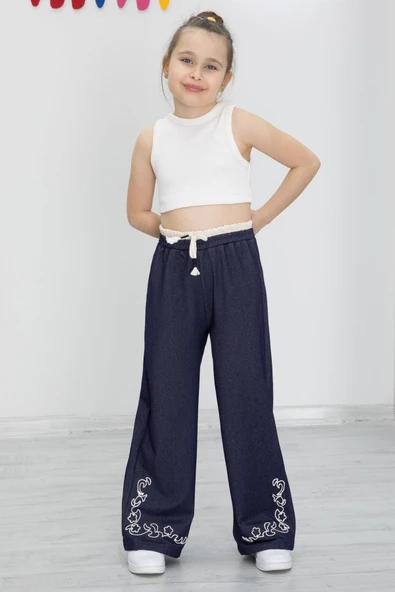 Lacivert Paçası Nakış Detaylı Kız Çocuk Geniş Paça Pantolon 20489 - 4